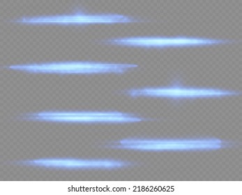 Horizontal light rays, flash blue horizontal lens flares pack, speed laser beams, glow blue line motion on transparent background, beautiful light flare, bright glare, vector illustration, eps 10