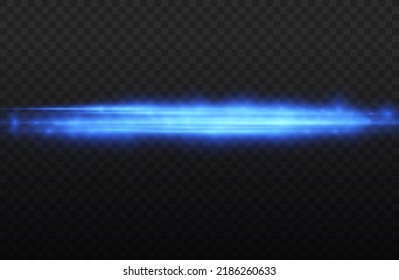 Horizontal light rays, flash blue horizontal lens flares pack, speed laser beams, glow blue line motion on transparent background, beautiful light flare, bright glare, vector illustration, eps 10