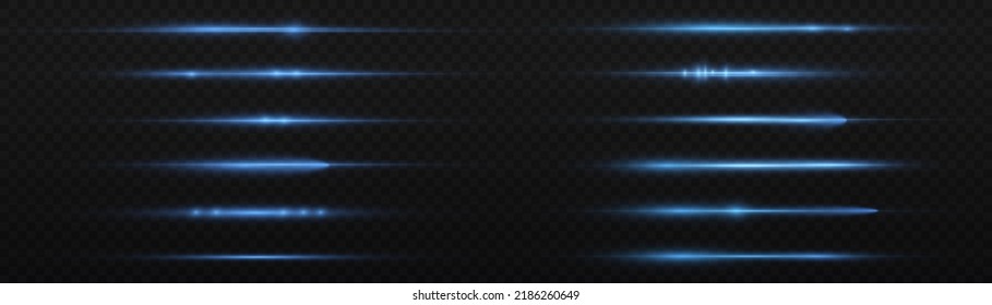 Horizontal light rays, flash blue horizontal lens flares pack, speed laser beams, glow blue line motion on transparent background, beautiful light flare, bright glare, vector illustration, eps 10
