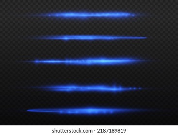 Horizontal light rays, flash blue horizontal lens flares pack, speed laser beams, glow blue line motion on transparent background, beautiful light flare, bright glare, vector illustration, eps 10