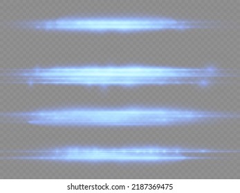 Horizontal light rays, flash blue horizontal lens flares pack, speed laser beams, glow blue line motion on transparent background, beautiful light flare, bright glare, vector illustration, eps 10