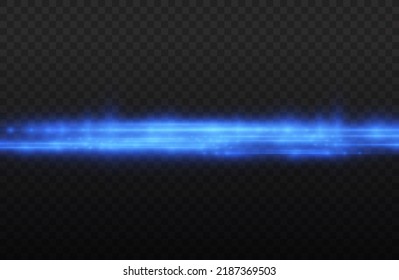 Horizontal light rays, flash blue horizontal lens flares pack, speed laser beams, glow blue line motion on transparent background, beautiful light flare, bright glare, vector illustration, eps 10