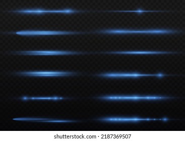 Horizontal light rays, flash blue horizontal lens flares pack, speed laser beams, glow blue line motion on transparent background, beautiful light flare, bright glare, vector illustration, eps 10