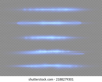 Horizontal light rays, flash blue horizontal lens flares pack, speed laser beams, glow blue line motion on transparent background, beautiful light flare, bright glare, vector illustration, eps 10