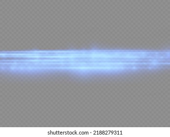 Horizontal light rays, flash blue horizontal lens flares pack, speed laser beams, glow blue line motion on transparent background, beautiful light flare, bright glare, vector illustration, eps 10