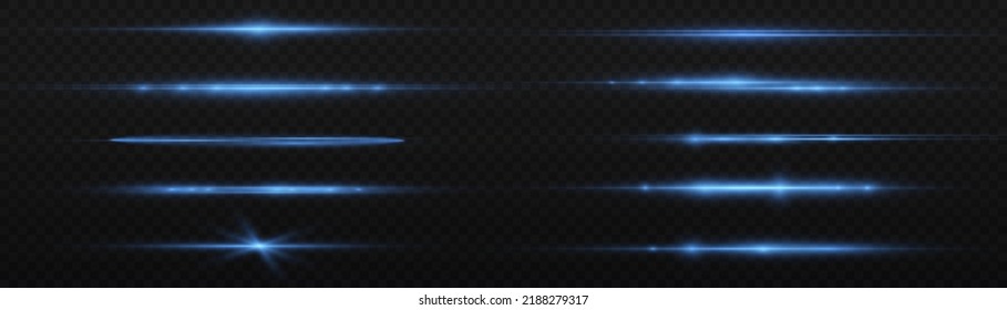 Horizontal light rays, flash blue horizontal lens flares pack, speed laser beams, glow blue line motion on transparent background, beautiful light flare, bright glare, vector illustration, eps 10