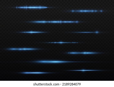 Horizontal light rays, flash blue horizontal lens flares pack, speed laser beams, glow blue line motion on transparent background, beautiful light flare, bright glare, vector illustration, eps 10