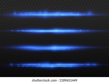 Horizontal light rays, flash blue horizontal lens flares pack, speed laser beams, glow blue line motion on transparent background, beautiful light flare, bright glare, vector illustration, eps 10