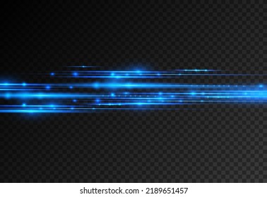 Horizontal light rays, flash blue horizontal lens flares pack, speed laser beams, glow blue line motion on transparent background, beautiful light flare, bright glare, vector illustration, eps 10