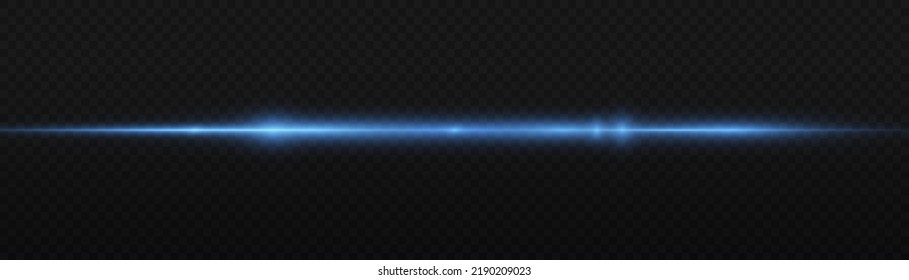 Horizontal light rays, flash blue horizontal lens flares pack, speed laser beams, glow blue line motion on transparent background, beautiful light flare, bright glare, vector illustration, eps 10