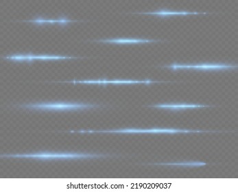 Horizontal light rays, flash blue horizontal lens flares pack, speed laser beams, glow blue line motion on transparent background, beautiful light flare, bright glare, vector illustration, eps 10