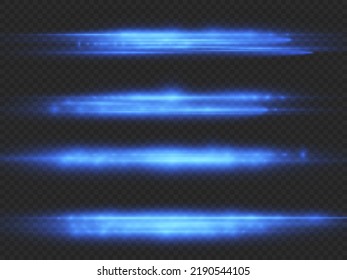 Horizontal light rays, flash blue horizontal lens flares pack, speed laser beams, glow blue line motion on transparent background, beautiful light flare, bright glare, vector illustration, eps 10