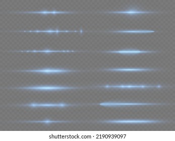 Horizontal light rays, flash blue horizontal lens flares pack, speed laser beams, glow blue line motion on transparent background, beautiful light flare, bright glare, vector illustration, eps 10