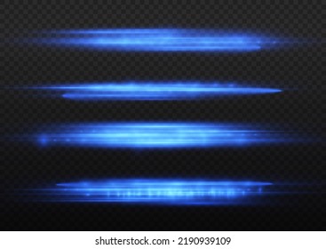 Horizontal light rays, flash blue horizontal lens flares pack, speed laser beams, glow blue line motion on transparent background, beautiful light flare, bright glare, vector illustration, eps 10