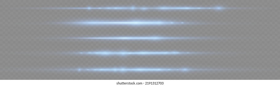 Horizontal light rays, flash blue horizontal lens flares pack, speed laser beams, glow blue line motion on transparent background, beautiful light flare, bright glare, vector illustration, eps 10