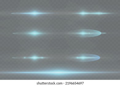 Horizontal light rays, flash blue horizontal lens flares pack, speed laser beams, glow blue line motion on transparent background, beautiful light flare, bright glare, vector illustration, eps 10