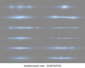 Horizontal light rays, flash blue horizontal lens flares pack, speed laser beams, glow blue line motion on transparent background, beautiful light flare, bright glare, vector illustration, eps 10