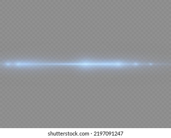 Horizontal light rays, flash blue horizontal lens flares pack, speed laser beams, glow blue line motion on transparent background, beautiful light flare, bright glare, vector illustration, eps 10