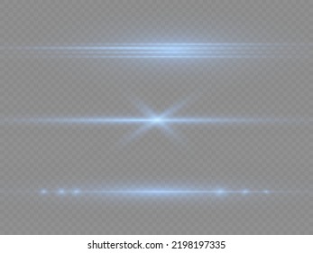Horizontal light rays, flash blue horizontal lens flares pack, speed laser beams, glow blue line motion on transparent background, beautiful light flare, bright glare, vector illustration, eps 10