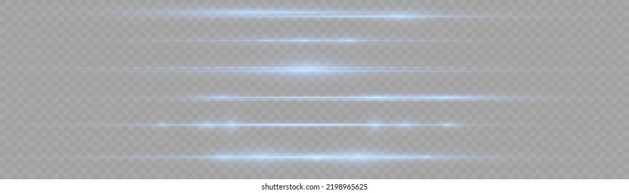 Horizontal light rays, flash blue horizontal lens flares pack, speed laser beams, glow blue line motion on transparent background, beautiful light flare, bright glare, vector illustration, eps 10