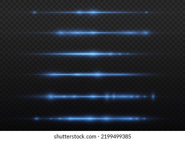 Horizontal light rays, flash blue horizontal lens flares pack, speed laser beams, glow blue line motion on transparent background, beautiful light flare, bright glare, vector illustration, eps 10