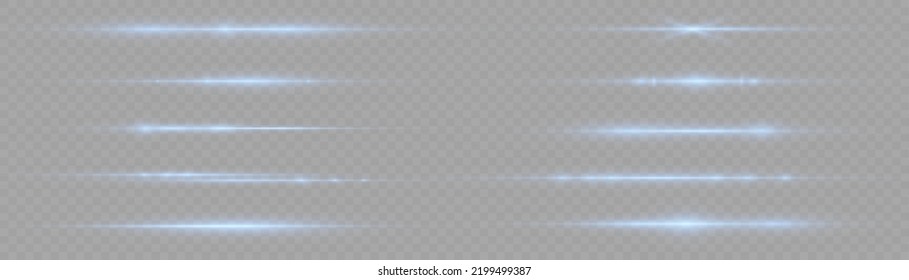 Horizontal light rays, flash blue horizontal lens flares pack, speed laser beams, glow blue line motion on transparent background, beautiful light flare, bright glare, vector illustration, eps 10