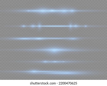 Horizontal light rays, flash blue horizontal lens flares pack, speed laser beams, glow blue line motion on transparent background, beautiful light flare, bright glare, vector illustration, eps 10
