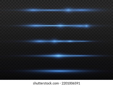 Horizontal light rays, flash blue horizontal lens flares pack, speed laser beams, glow blue line motion on transparent background, beautiful light flare, bright glare, vector illustration, eps 10