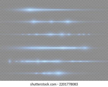 Horizontal light rays, flash blue horizontal lens flares pack, speed laser beams, glow blue line motion on transparent background, beautiful light flare, bright glare, vector illustration, eps 10