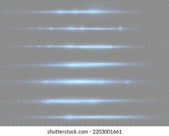 Horizontal light rays, flash blue horizontal lens flares pack, speed laser beams, glow blue line motion on transparent background, beautiful light flare, bright glare, vector illustration, eps 10
