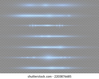 Horizontal light rays, flash blue horizontal lens flares pack, speed laser beams, glow blue line motion on transparent background, beautiful light flare, bright glare, vector illustration, eps 10