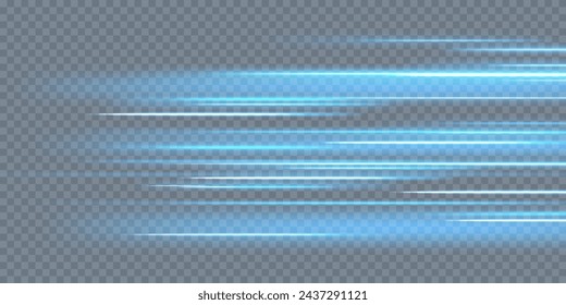 Horizontal light rays, flash blue horizontal lens flares pack, speed laser beams, glow blue line motion on transparent background, beautiful light flare, bright glare, vector illustration, eps 10