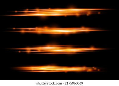 Horizontal light rays, flash orange horizontal lens flares pack, laser beams, glow golden line on black background, beautiful light flare, bright gold glare, vector illustration, eps 10.