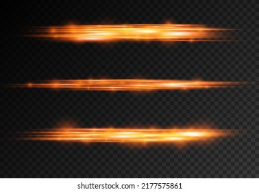 Horizontal light rays, flash orange horizontal lens flares pack, laser beams, glow golden line on transparent background, beautiful light flare, bright gold glare, vector illustration, eps 10.