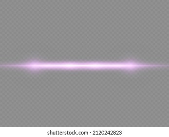 Horizontal light rays, flash purple horizontal lens flares pack, laser beams, glow violet line on transparent background, beautiful light flare, bright gold glare, vector illustration, eps 10.