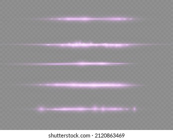 Horizontal light rays, flash purple horizontal lens flares pack, laser beams, glow violet line on transparent background, beautiful light flare, bright gold glare, vector illustration, eps 10.