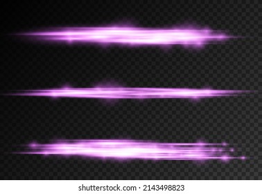 Horizontal light rays, flash purple horizontal lens flares pack, laser beams, glow violet line on transparent background, beautiful light flare, bright gold glare, vector illustration, eps 10.