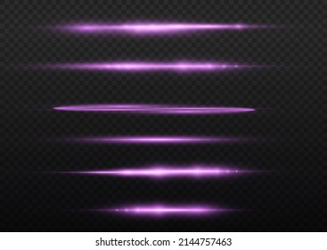 Horizontal light rays, flash purple horizontal lens flares pack, laser beams, glow violet line on transparent background, beautiful light flare, bright gold glare, vector illustration, eps 10.