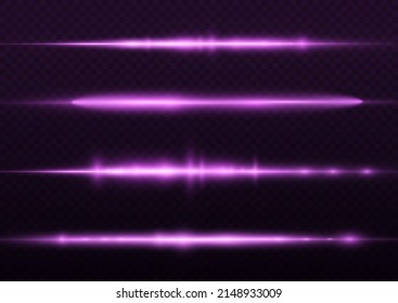 Horizontal light rays, flash purple horizontal lens flares pack, laser beams, glow violet line on transparent background, beautiful light flare, bright gold glare, vector illustration, eps 10.