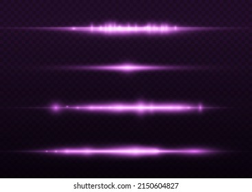 Horizontal light rays, flash purple horizontal lens flares pack, laser beams, glow violet line on transparent background, beautiful light flare, bright gold glare, vector illustration, eps 10.