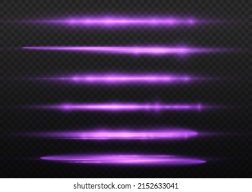 Horizontal light rays, flash purple horizontal lens flares pack, laser beams, glow violet line on transparent background, beautiful light flare, bright glare, vector illustration, eps 10.