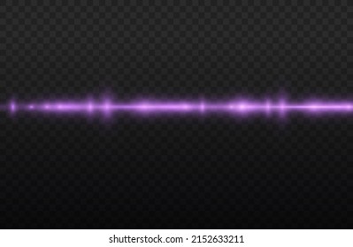 Horizontal light rays, flash purple horizontal lens flares pack, laser beams, glow violet line on transparent background, beautiful light flare, bright gold glare, vector illustration, eps 10. 