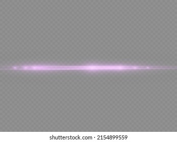Rayos horizontales de luz, flash púrpura horizontal de lente, vigas láser, línea violeta brillante sobre fondo transparente, bella bombilla, resplandor dorado brillante, ilustración vectorial, eps 10.