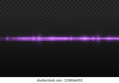 Horizontal light rays, flash purple horizontal lens flares pack, laser beams, glow violet line on transparent background, beautiful light flare, bright glare, vector illustration, eps 10.
