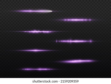 Horizontal light rays, flash purple horizontal lens flares pack, laser beams, glow violet line on transparent background, beautiful light flare, bright gold glare, vector illustration, eps 10. 