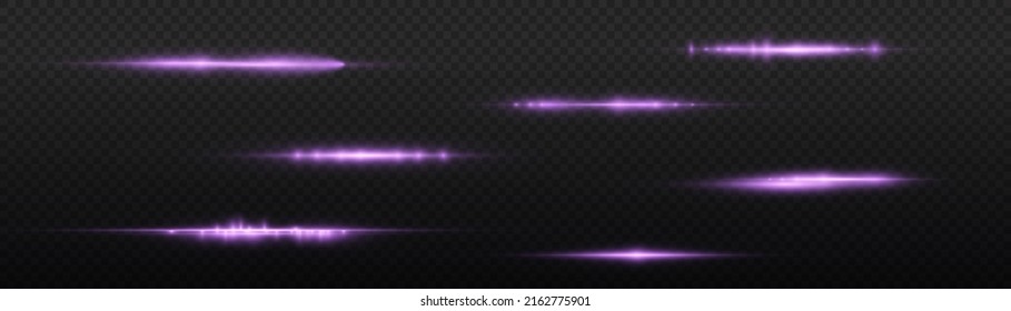 Horizontal light rays, flash purple horizontal lens flares pack, laser beams, glow violet line on transparent background, beautiful light flare, bright gold glare, vector illustration, eps 10. 