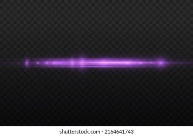 Horizontal light rays, flash purple horizontal lens flares pack, laser beams, glow violet line on transparent background, beautiful light flare, bright glare, vector illustration, eps 10.