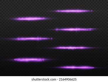 Horizontal light rays, flash purple horizontal lens flares pack, laser beams, glow violet line on transparent background, beautiful light flare, bright glare, vector illustration, eps 10.