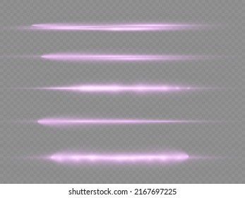 Horizontal light rays, flash purple horizontal lens flares pack, laser beams, glow violet line on transparent background, beautiful light flare, bright gold glare, vector illustration, eps 10.