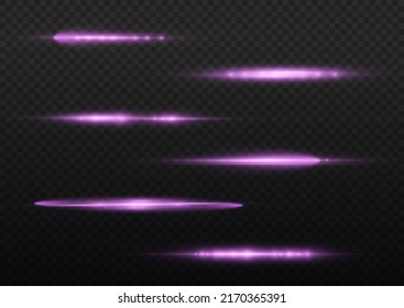 Horizontal light rays, flash purple horizontal lens flares pack, beautiful light flare, bright glare, laser beams, glow violet line on transparent background, vector illustration, eps 10.